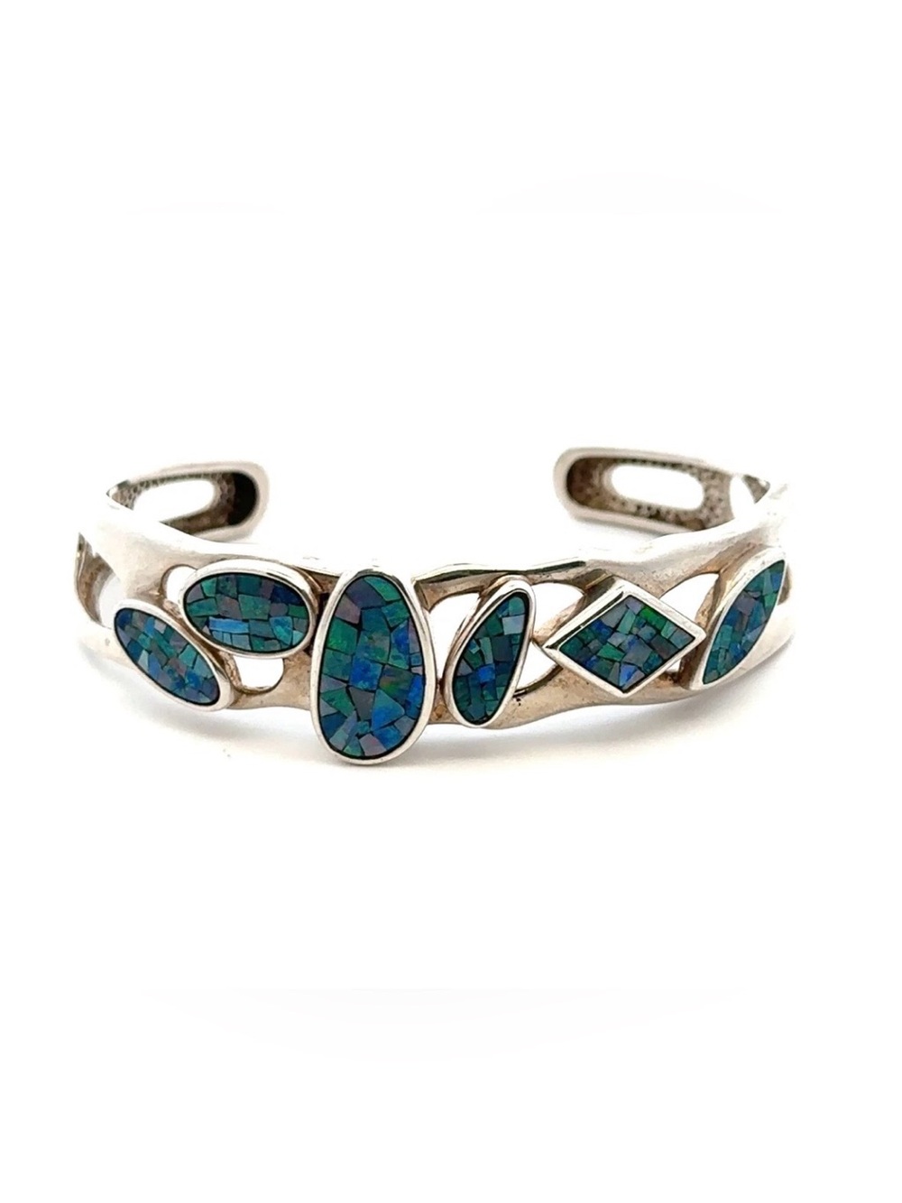 Vintage Whitney Kelly Sterling Silver Mosaic Opal Inlay Cuff Bracelet Size 7"